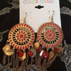 Boho Chic Gold Red Dream Catcher Earrings NEW